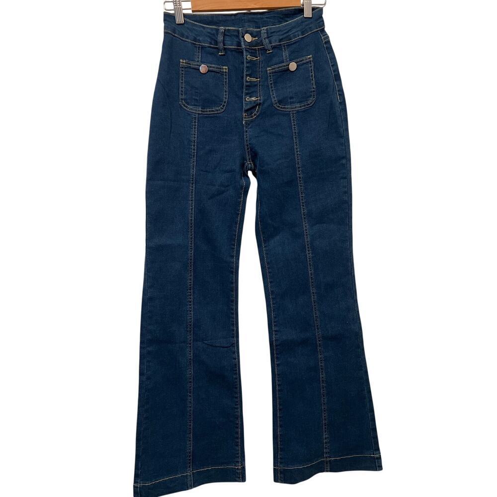 Women's Stretch Button Fly Fit Flare Bottom Blue Jeans Size Medium - Picture 2 of 9